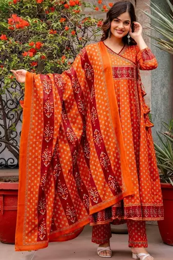 Women Ethnic Motifs Printed Angrakha Pure Cotton Kurta with Trousers & With Dupatta