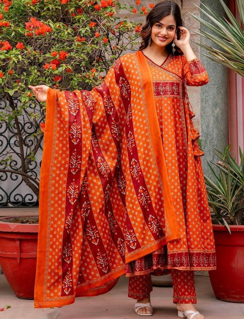 Women Ethnic Motifs Printed Angrakha Pure Cotton Kurta with Trousers & With Dupatta