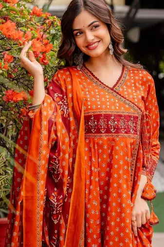 Women Ethnic Motifs Printed Angrakha Pure Cotton Kurta with Trousers & With Dupatta