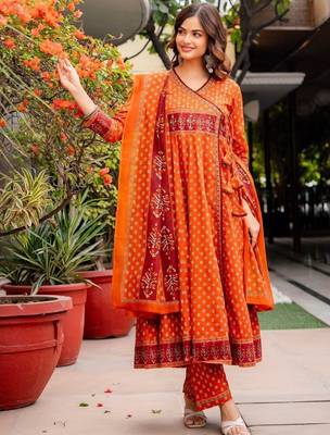 Women Ethnic Motifs Printed Angrakha Pure Cotton Kurta with Trousers & With Dupatta 6