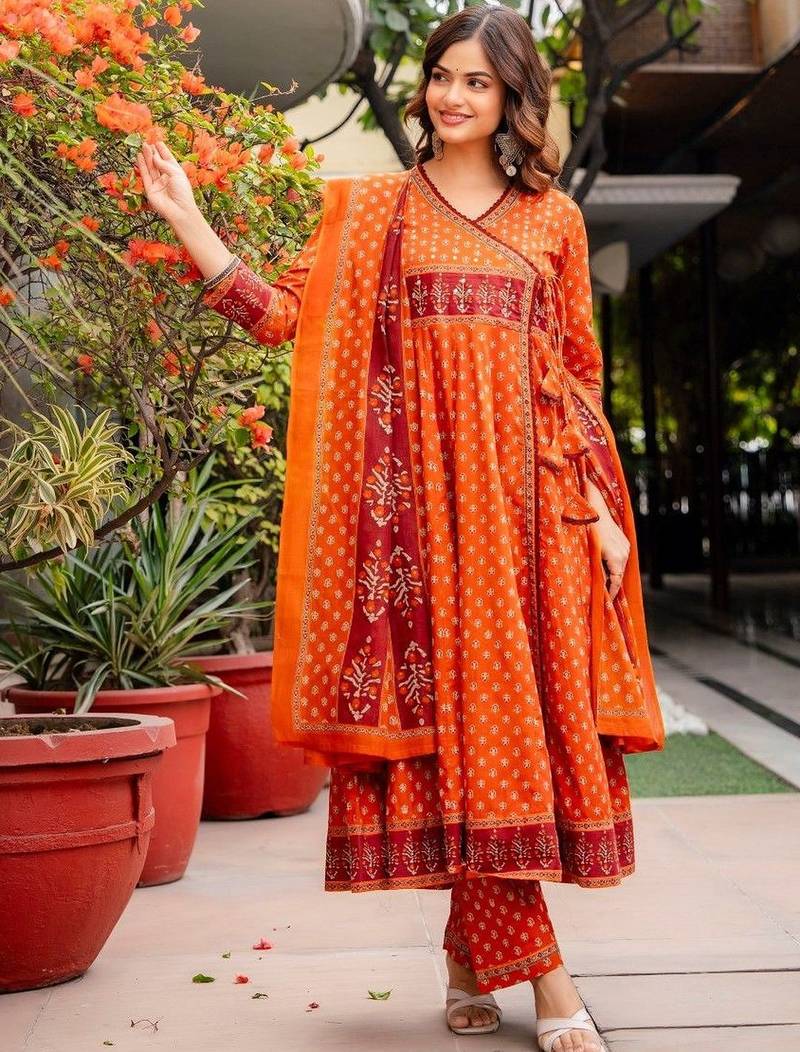 Women Ethnic Motifs Printed Angrakha Pure Cotton Kurta with Trousers & With Dupatta