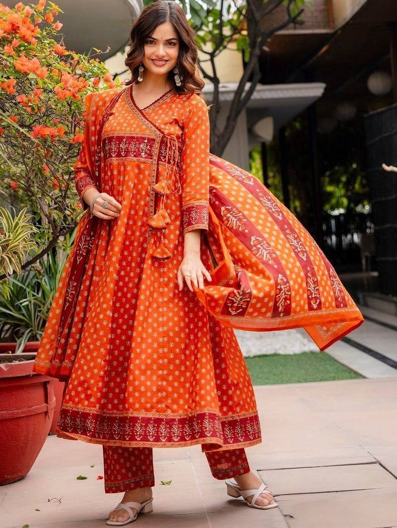 Women Ethnic Motifs Printed Angrakha Pure Cotton Kurta with Trousers & With Dupatta