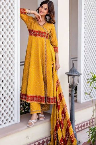 Women Ethnic Motifs Printed Angrakha Pure Cotton Kurta with Trousers & With Dupatta