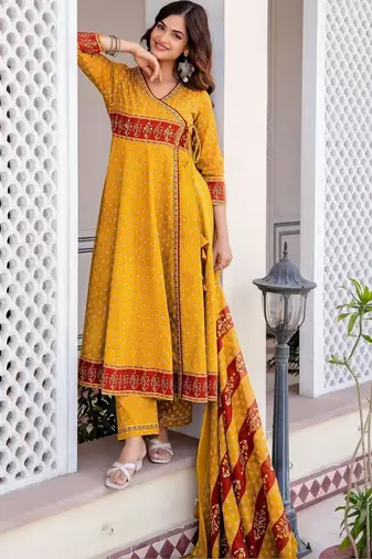 Women Ethnic Motifs Printed Angrakha Pure Cotton Kurta with Trousers & With Dupatta