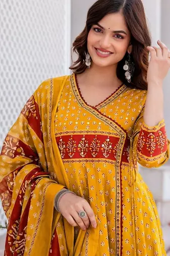 Women Ethnic Motifs Printed Angrakha Pure Cotton Kurta with Trousers & With Dupatta