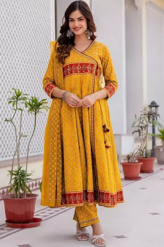Women Ethnic Motifs Printed Angrakha Pure Cotton Kurta with Trousers & With Dupatta
