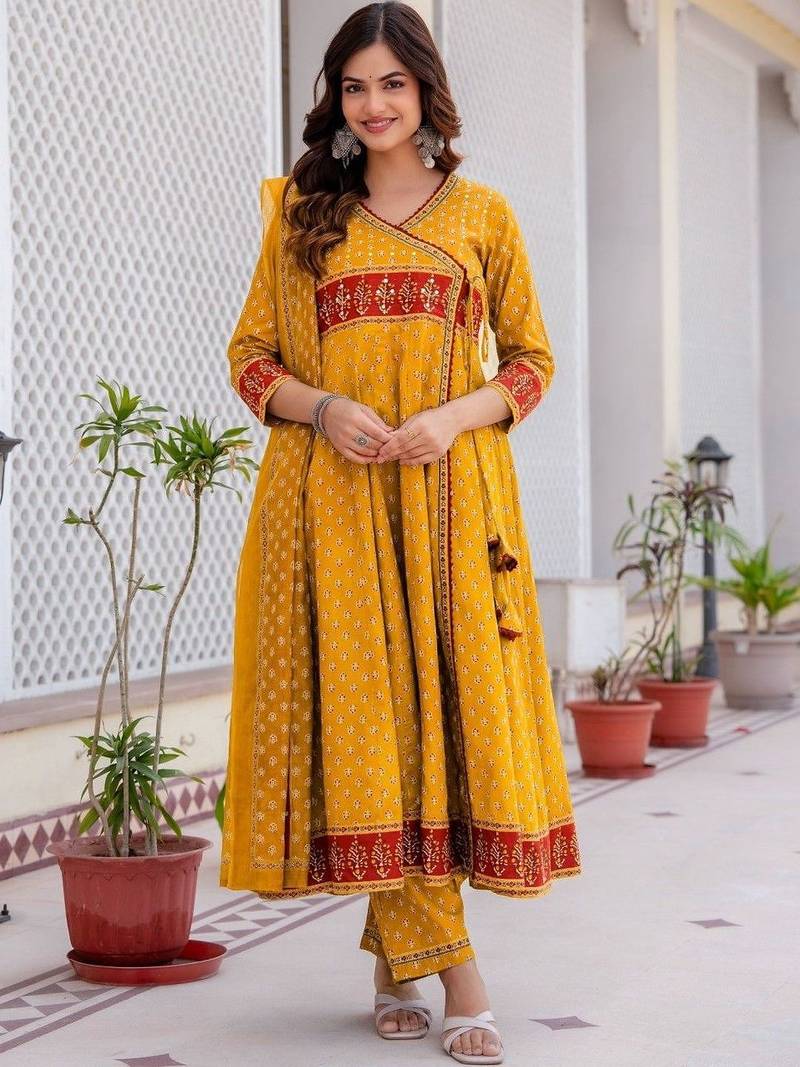 Women Ethnic Motifs Printed Angrakha Pure Cotton Kurta with Trousers & With Dupatta