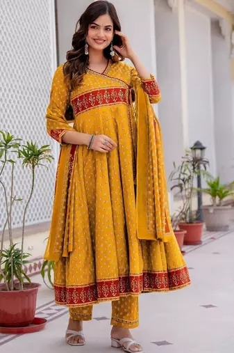 Women Ethnic Motifs Printed Angrakha Pure Cotton Kurta with Trousers & With Dupatta