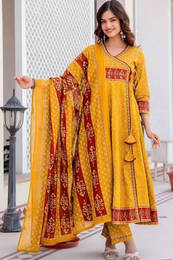 Women Ethnic Motifs Printed Angrakha Pure Cotton Kurta with Trousers & With Dupatta