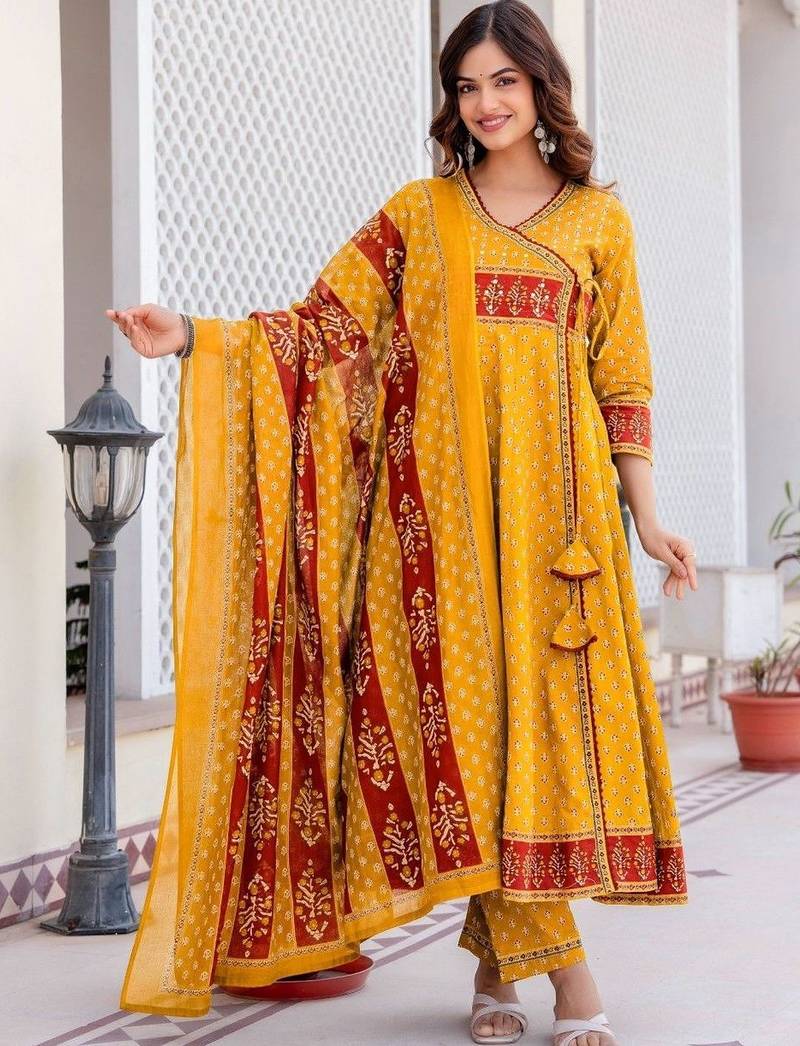 Women Ethnic Motifs Printed Angrakha Pure Cotton Kurta with Trousers & With Dupatta