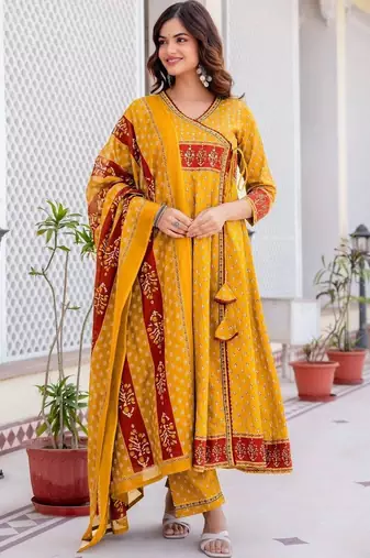 Women Ethnic Motifs Printed Angrakha Pure Cotton Kurta with Trousers & With Dupatta