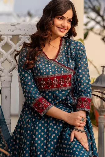 Women Ethnic Motifs Printed Angrakha Pure Cotton Kurta with Trousers & With Dupatta
