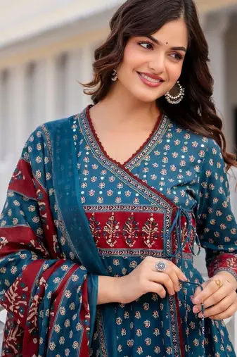 Women Ethnic Motifs Printed Angrakha Pure Cotton Kurta with Trousers & With Dupatta