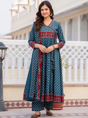 Women Ethnic Motifs Printed Angrakha Pure Cotton Kurta with Trousers & With Dupatta 1