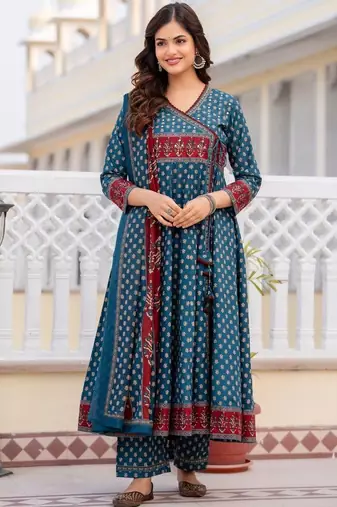 Women Ethnic Motifs Printed Angrakha Pure Cotton Kurta with Trousers & With Dupatta