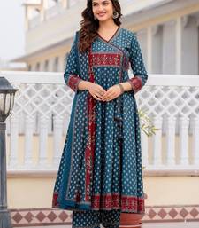 Women Ethnic Motifs Printed Angrakha Pure Cotton Kurta with Trousers & With Dupatta