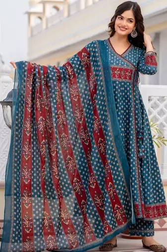 Women Ethnic Motifs Printed Angrakha Pure Cotton Kurta with Trousers & With Dupatta