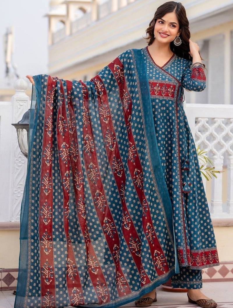 Women Ethnic Motifs Printed Angrakha Pure Cotton Kurta with Trousers & With Dupatta