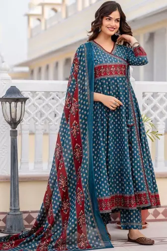 Women Ethnic Motifs Printed Angrakha Pure Cotton Kurta with Trousers & With Dupatta