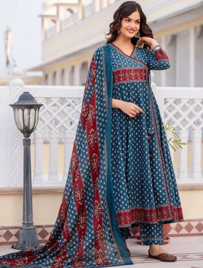 Women Ethnic Motifs Printed Angrakha Pure Cotton Kurta with Trousers & With Dupatta
