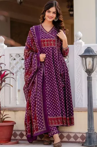 Women Ethnic Motifs Printed Angrakha Pure Cotton Kurta with Trousers & With Dupatta