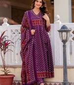 Women Ethnic Motifs Printed Angrakha Pure Cotton Kurta with Trousers & With Dupatta