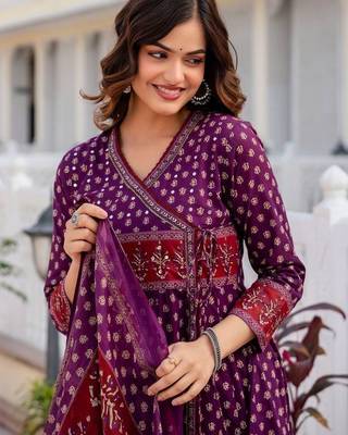 Women Ethnic Motifs Printed Angrakha Pure Cotton Kurta with Trousers & With Dupatta 2
