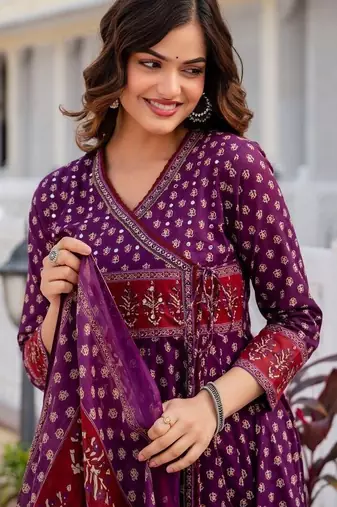 Women Ethnic Motifs Printed Angrakha Pure Cotton Kurta with Trousers & With Dupatta