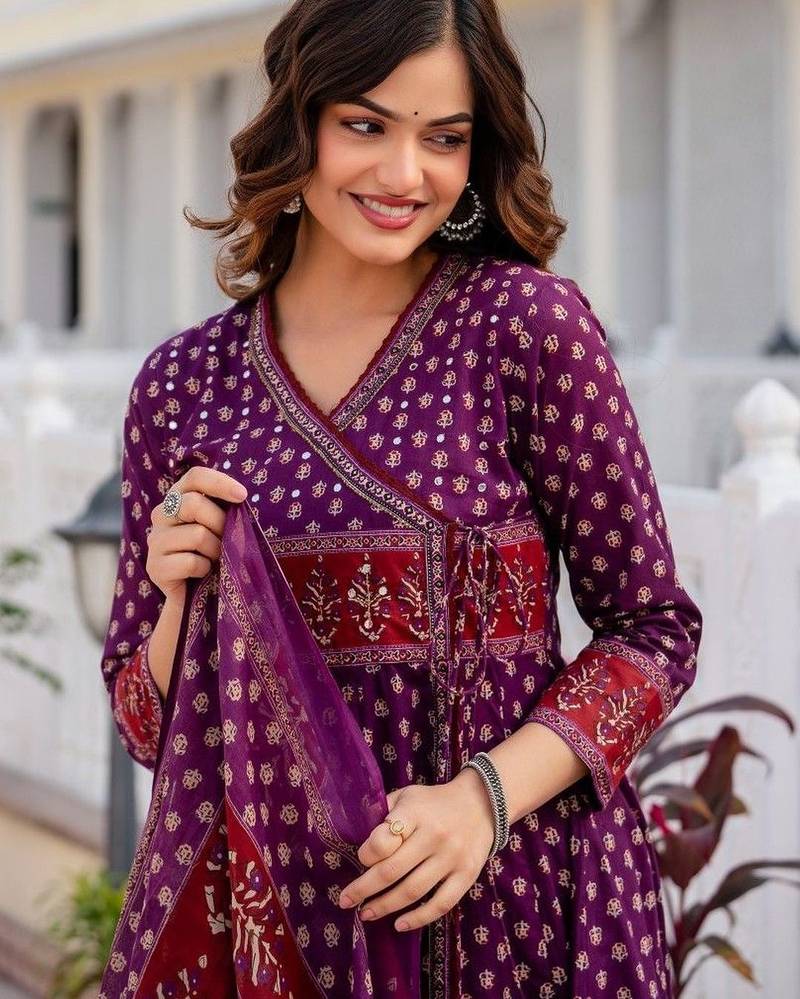 Women Ethnic Motifs Printed Angrakha Pure Cotton Kurta with Trousers & With Dupatta