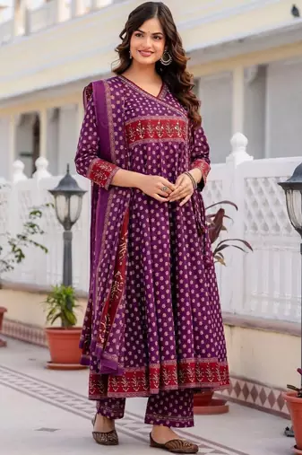 Women Ethnic Motifs Printed Angrakha Pure Cotton Kurta with Trousers & With Dupatta
