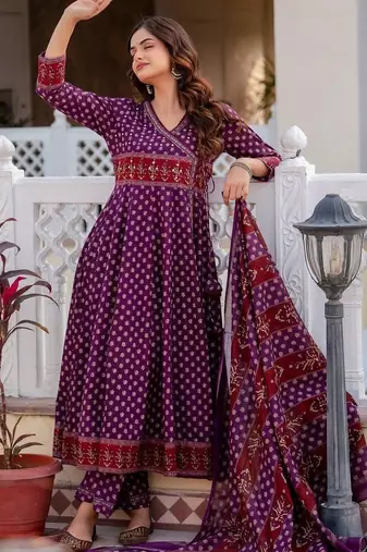 Women Ethnic Motifs Printed Angrakha Pure Cotton Kurta with Trousers & With Dupatta