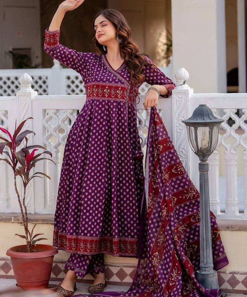Women Ethnic Motifs Printed Angrakha Pure Cotton Kurta with Trousers & With Dupatta