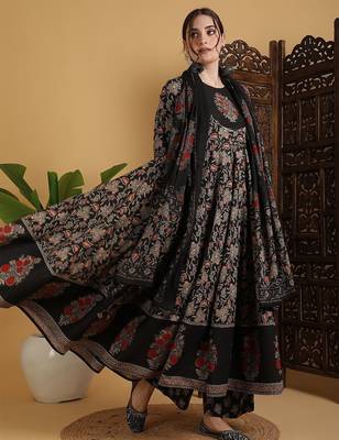 Floral Printed Anarkali Pure Cotton Kurta With Palazzos And Dupatta 1