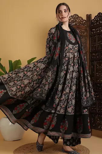 Floral Printed Anarkali Pure Cotton Kurta With Palazzos And Dupatta