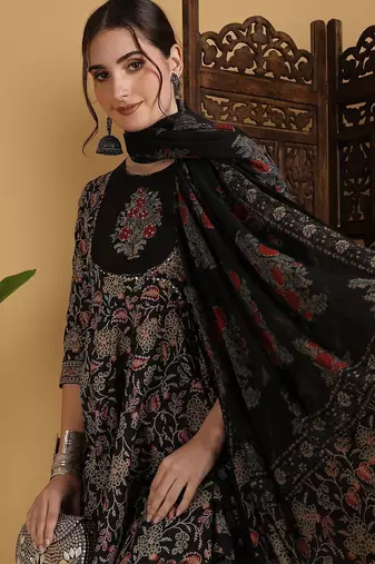 Floral Printed Anarkali Pure Cotton Kurta With Palazzos And Dupatta