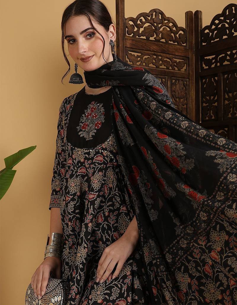 Floral Printed Anarkali Pure Cotton Kurta With Palazzos And Dupatta