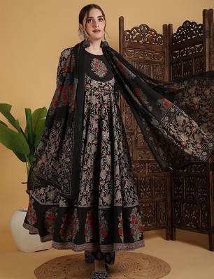 Floral Printed Anarkali Pure Cotton Kurta With Palazzos And Dupatta 3