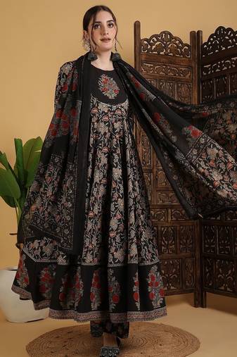 Floral Printed Anarkali Pure Cotton Kurta With Palazzos And Dupatta
