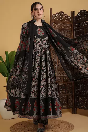 Floral Printed Anarkali Pure Cotton Kurta With Palazzos And Dupatta