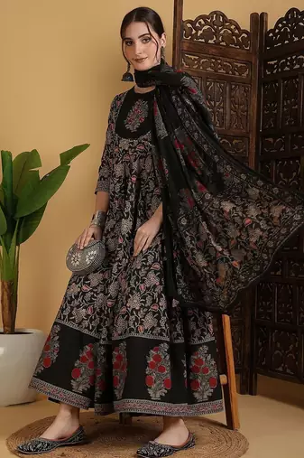 Floral Printed Anarkali Pure Cotton Kurta With Palazzos And Dupatta