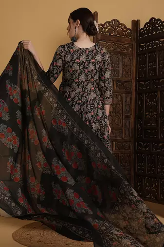 Floral Printed Anarkali Pure Cotton Kurta With Palazzos And Dupatta