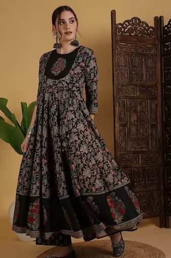 Floral Printed Anarkali Pure Cotton Kurta With Palazzos And Dupatta