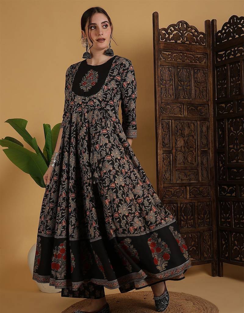 Floral Printed Anarkali Pure Cotton Kurta With Palazzos And Dupatta