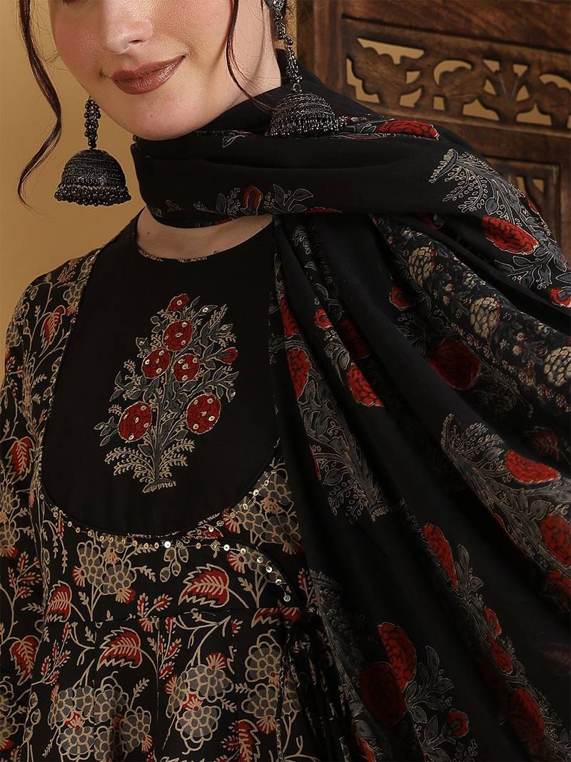 Floral Printed Anarkali Pure Cotton Kurta With Palazzos And Dupatta