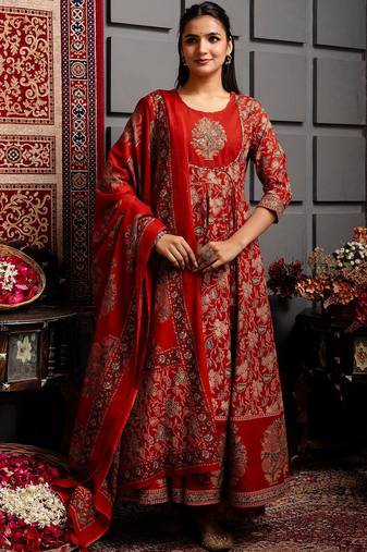 Women Ethnic Motifs Printed Cotton Anarkali Kurta with Trousers & Dupatta