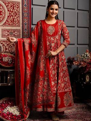 Women Ethnic Motifs Printed Cotton Anarkali Kurta with Trousers & Dupatta 5