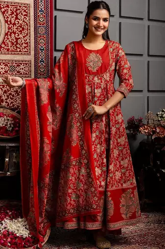 Women Ethnic Motifs Printed Cotton Anarkali Kurta with Trousers & Dupatta