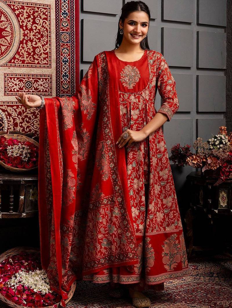 Women Ethnic Motifs Printed Cotton Anarkali Kurta with Trousers & Dupatta
