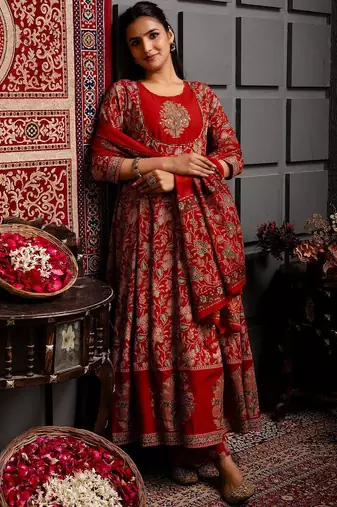 Women Ethnic Motifs Printed Cotton Anarkali Kurta with Trousers & Dupatta