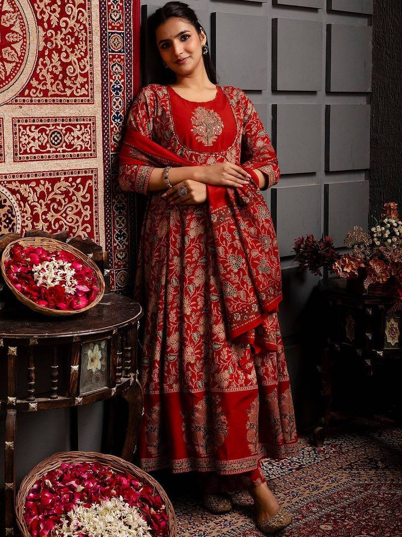 Women Ethnic Motifs Printed Cotton Anarkali Kurta with Trousers & Dupatta